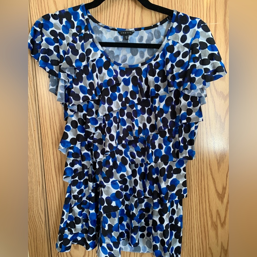 🍉 Ispiri blouse, flutter cap sleeves, ruffles, white, blue, black, grey dots, XS